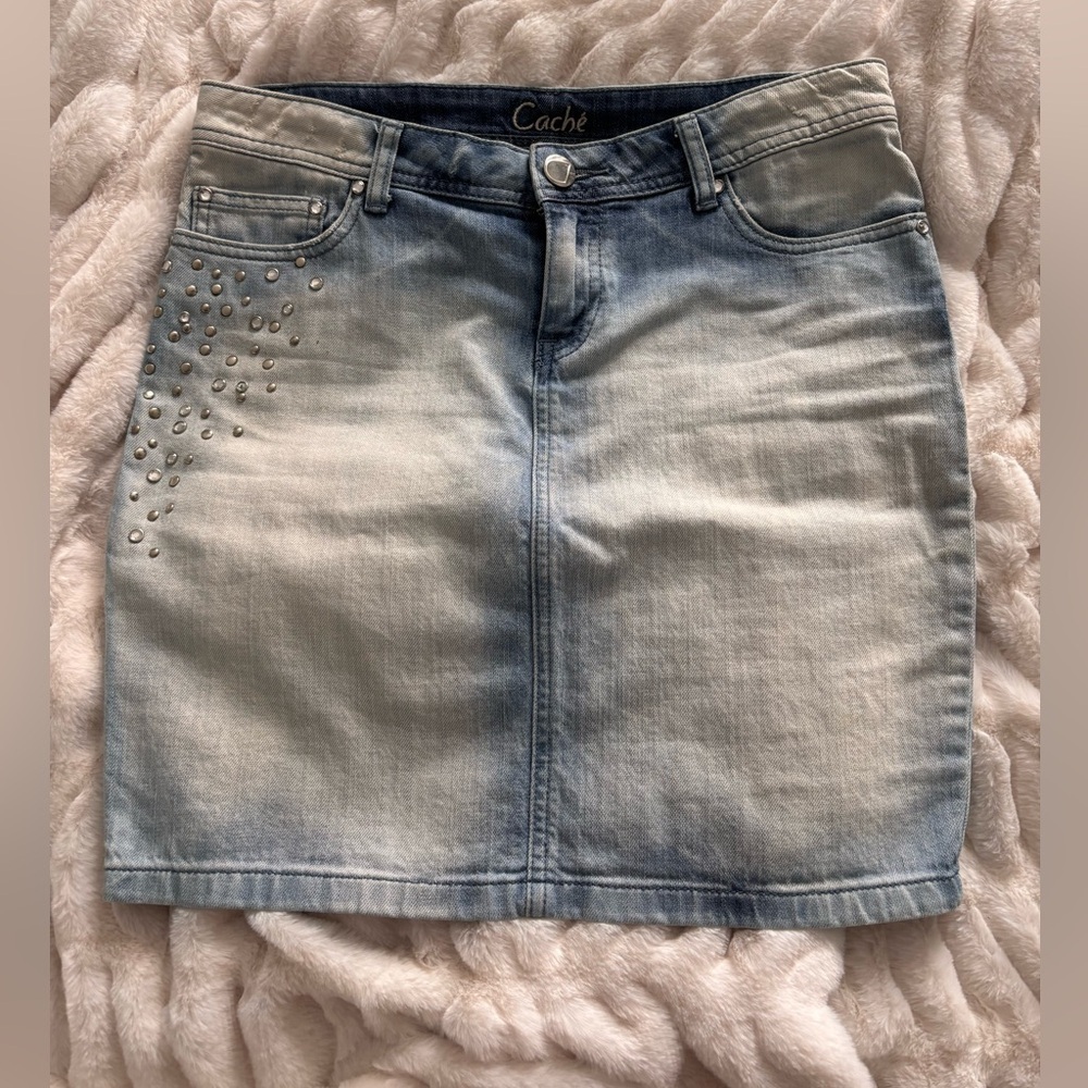Cache Light Blue Denim Mini Skirt with Studs